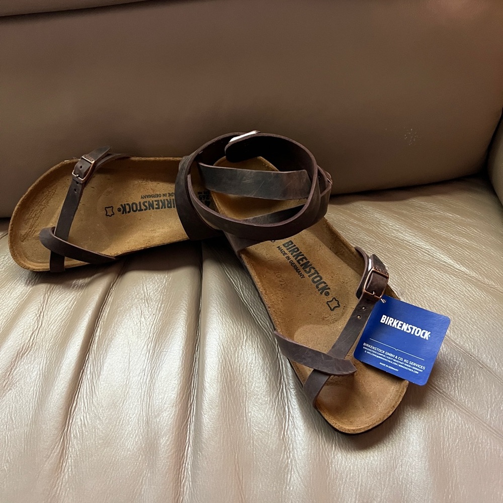 Birkenstock Sandals, brown leather ankle strap
